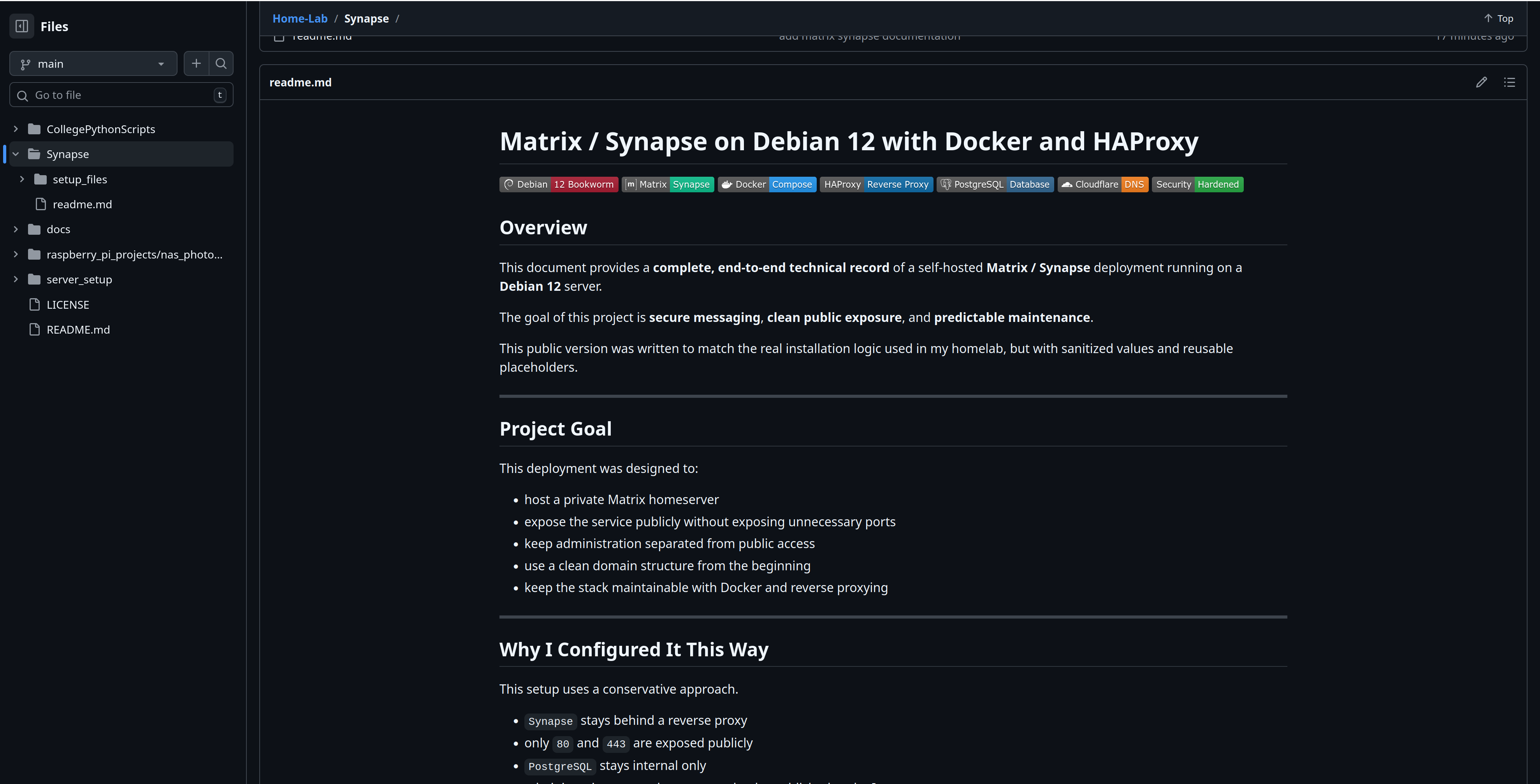 GitHub documentation page for the Matrix and Synapse project